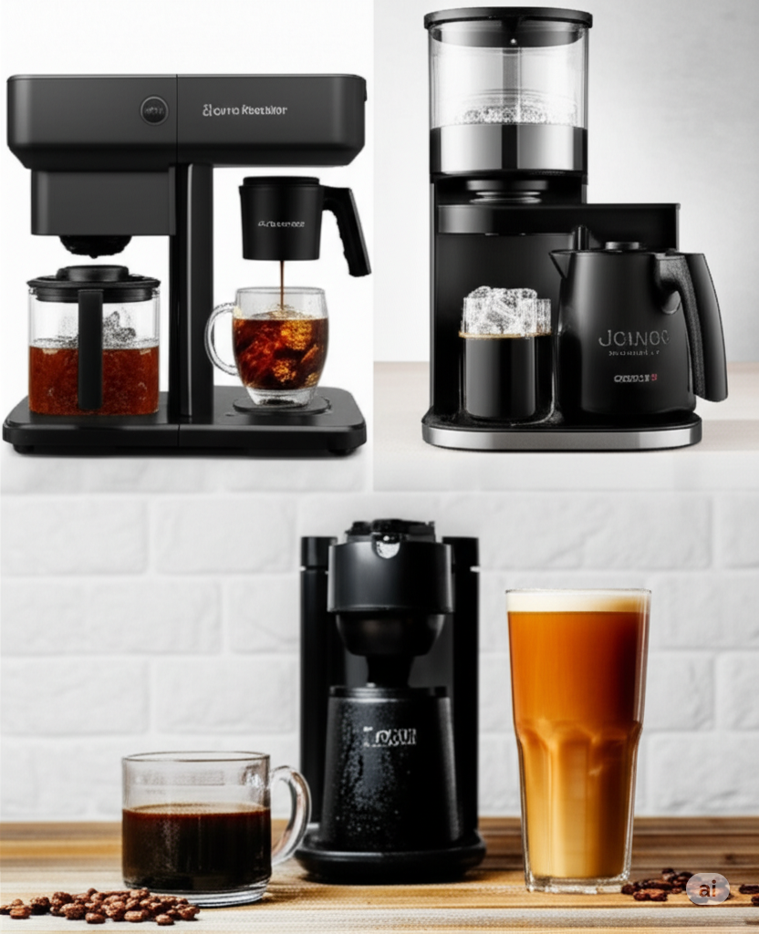 Three best iced coffee makers are shown with brewed iced coffee and coffee beans.